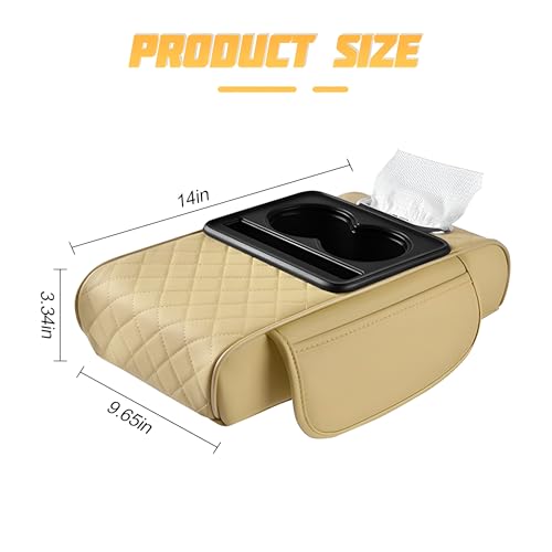 Image of Zpana Car Center Console Armrest Pillow, Memory Foam Leather 4 in 1 Vehicle Arm Rest Cover with Tissue Box 2 Side Storage Bag Cup & Phone Holder, Auto Armrest Cushion, Universal Fit (Beige)