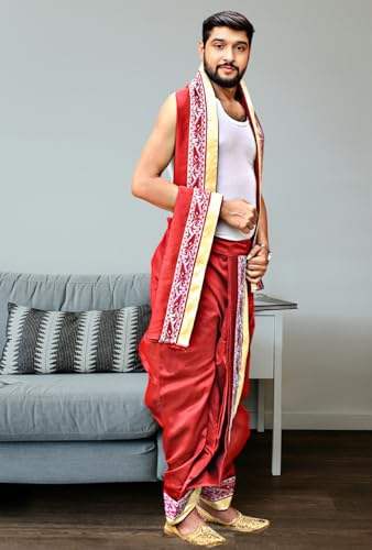 Image of Men's Ethnic | Traditional Ready to wear (Pant System) Readymade Panchakacham Dhoti With Angavastram(Towel) Set, Tassar Silk, Free Size (GC002)