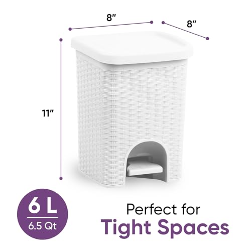 Image of Superio 2-Pack Mini 6L Step Pedal Trash Can - Wicker Design, Hidden Mechanism, Durable Plastic, Ideal for Desktop, Countertop, Pet Waste /Dog Poop- White