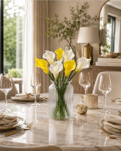 Image of Divyakosh 5 White + 5 Yellow Calla Lily Flowers, Artificial Calla Lily Flowers Bunch for Home Decor, Decorative Flowers for Vase (VASE NOT Included), Artificial Flower for Decoration, Living Room