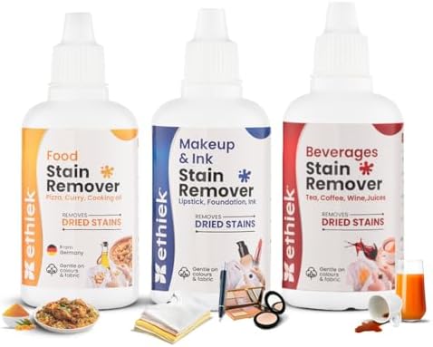 Ethiek Stain Removal Specialist Kit for Clothes | Removes Food, Ink & Makeup Stains (Haldi, Chutney, Curry, Coffee, Pen, Lipstick) | Set of 3 × 50ml