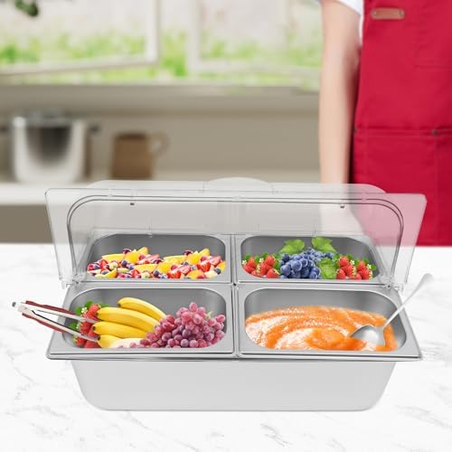 Countertop Ice Food Serving Display Container - Stainless Steel Buffet Condiment Dispenser with Clear Roll Top Cover, Includes 4 Pans, 4 Clamps, 4 Spoons for Salad Dressings and Appetizers