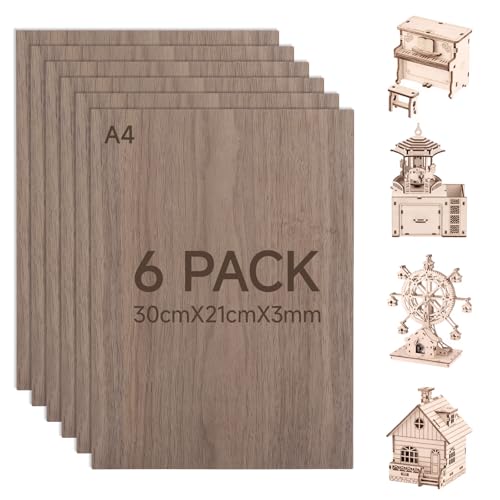 GZRXIOUS 6PCS contrachapada 3mm nogal A4 300x210mm tablones de madera tablero contrachapado walnut plywood corte láser grabado CNC superficie lisa para manualidades modelismo y proyectos creativos