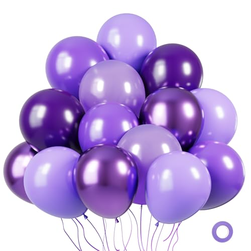 Image of KBZVNAF Purple Latex Balloon Set - 60 Packs of 12 Inch Metallic Chrome, Light, Pastel, Dark Purple Balloons with 33 Ft Ribbon for Birthday, Baby Shower, Wedding, Princess Theme Parties