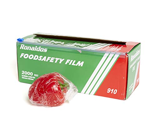 Ronaldos Food Safety Film, 12 inches x 2000ft Plastic Wrap, Commercial Grade, Used for Food Service Industry, Great for Sealing and Storage, Easy to Use Slide Cutter for Clean Cut Use (1 Box)