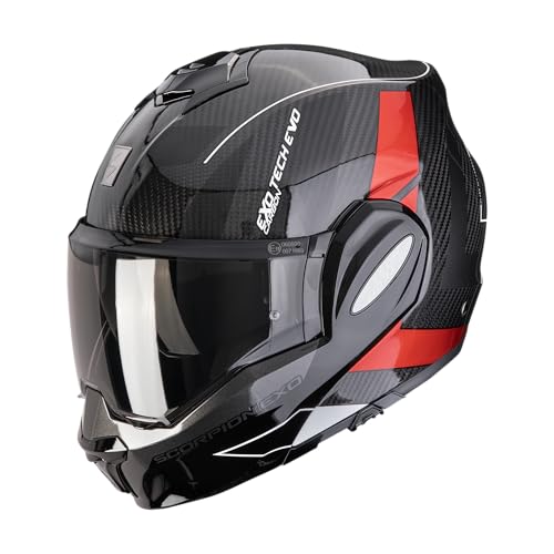 Scorpion EXO-Tech Evo Carbon Cad Casque modulable, Noir/Rouge, S (55/56)
