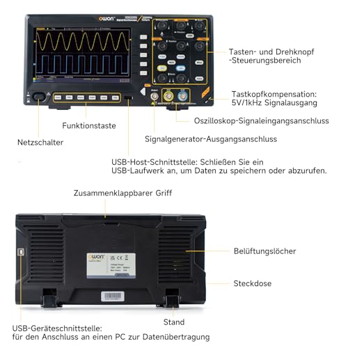 Image of OWON Digital Oscilloscope with Dual-Channel Channels and Screen 7 inch, TFT-LCD Display, Portable Oscilloscope with 1GS /s Sampling Rate, Bandwidth 200MH,8K Waveform Length,SDS220S