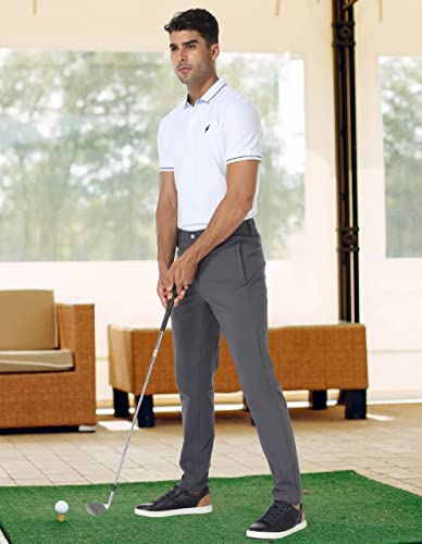 Mens Golf Pants Stretch Dress Slim Fit Pants Waterproof Comfy Casual Work Tapered Pants With Pockets Grey #TOP3