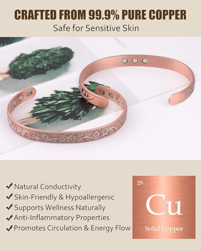 Image of Jecanori 2Pcs Magnetic Copper Bracelets for Women, Vintage Flower 99.99% Pure Copper Bracelets with 3500 Gauss Magnets, Adjustable Cuff Jewelry with Gift Box