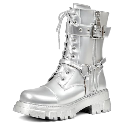 Image of Women Harness Motorcycle Biker Boots Steampunk Combat Boots Chunky Mid Calf Goth Boots Lug Sole Lace up Side Zipper