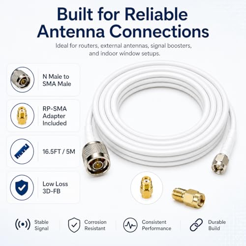 Image of N Male to SMA Male Coaxial Cable 16.5FT with RP-SMA Adapter | White 50 Ohm low loss 3D-FB RF extension, SMA to N antenna cable for signal booster, router, modem, Wi-Fi antenna