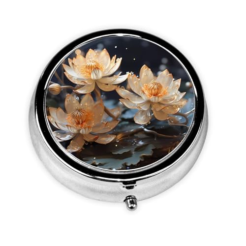 Cute 3-Compartments Round Pill Box Bohemian White Lotus Small Pill Case Portable Medicine Dispenser,for Pocket Purse