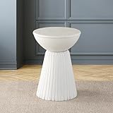 Marble Top Solid Mango Wood Decorative Cylindrical Pedestal Side Table, Contemporary Accent Side/End Table, Fully Assembled, for The Living Room and Bedroom, White