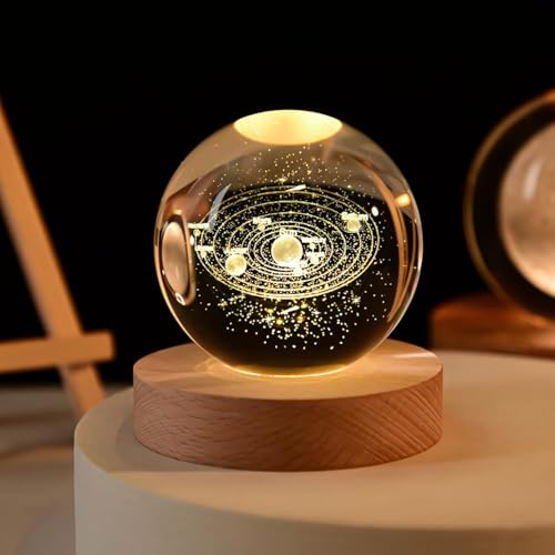 Image of Rangoli Solar System Engraved Crystal Ball with LED Light Base - 3D Laser Engraved Decorative Night Lamp for Home Decor, Office Desk, Gift.