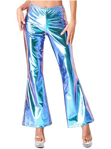 Yihuimin Pantalón de discoteca para mujer, pantalones vaqueros brillantes con campana, hippie, pantalones, azul, XXL