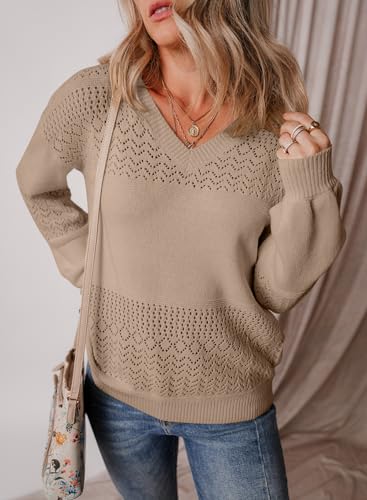 Image of SHEWIN Women's Sweaters Casual Long Sleeve V Neck Crewneck Lightweight Crochet Pullover Sweater Tops