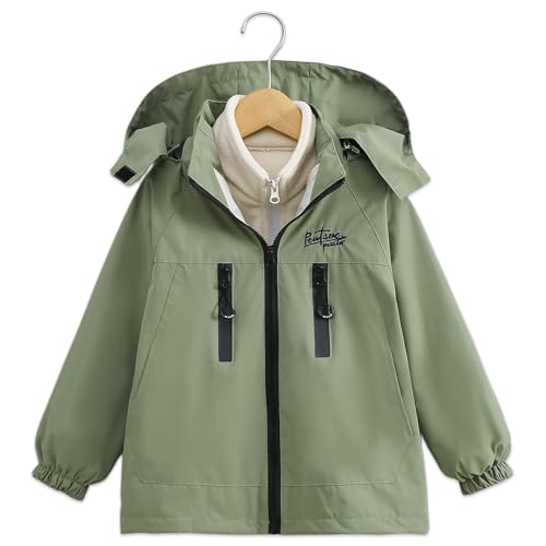 Exemaba Kids 3 in 1 Waterproof Jacket, Boys Girls Winter Rain Coats with Detachable Fleece Lining & Hood for Walking, Hiking, Travelling(Army Green, 160/11-12 Years) - Image 2