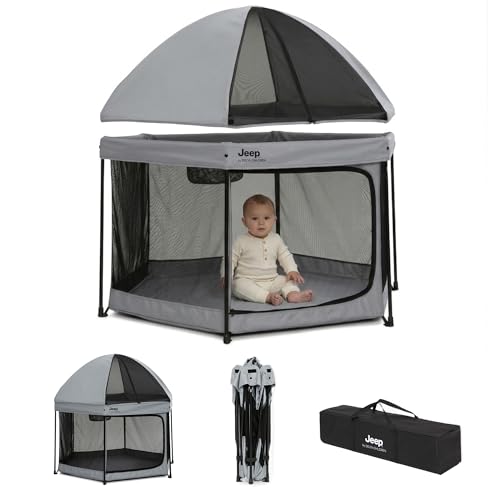 Image of Jeep Hexagon Pop Up Play Yard with Removable Canopy | Ideal for Indoor and Outdoor Use, Grey