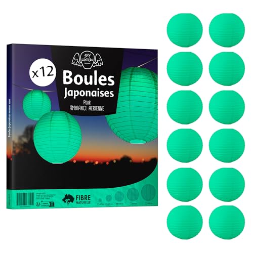 12x Lanterne Papier 30 cm Vert d'eau - Suspension Boule Papier 30 cm (12'') type Lanterne Japonaise pour Decoration Mariage - 12 pièces - Le must de la Gamme de Lampions Papier - Notice en Français.