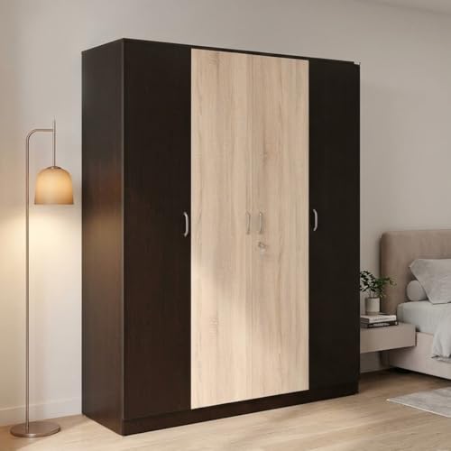 Image of Nilkamal Willy 4 Door Wooden Wardrobe Without Mirror for Bedroom | Almirah with 12 Shelves, 1 Hanging Rod, 1 Lockable Drawer | Clothes Cupboard | Engineered Wood | Wenge & Sonoma Oak
