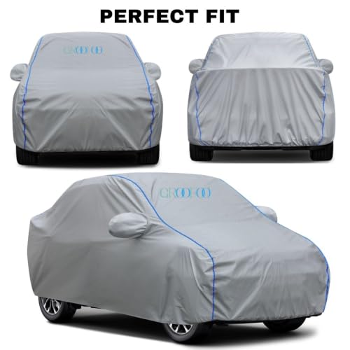 Image of GROOFOO Waterproof Car Body Cover with Mirror Pockets Compatible with Toyota Glanza | Triple Stitch Blue Piping Car Cover UV & Dust Proof All-Weather Protection, Adjustable Buckle (Grey)