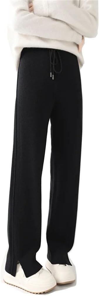 Women's Solid Wool Knitted Wide Leg Pants Drawstring High Waist Straight Leg Pants Winter Thermal Sweatpants