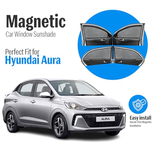 Image of Autofact Magnetic Car Sunshades Compatible with Hyundai Aura (Set of 4) - Easy Installation, UV Protection, Keeps Car Cool (Front 2 with Zippers for Easy Access, Rear 2 Without Zippers)