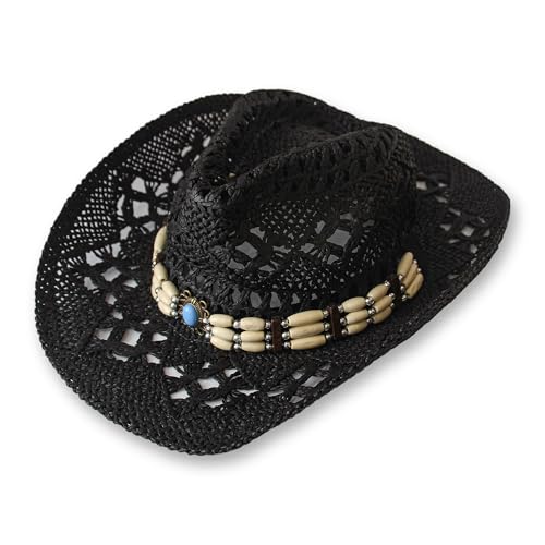 Sombrero de Cowboy de Paja Vaquero Panamá con Banda Occidental Unisex Talla Única Hombre Mujer para Verano Coachella Playa al Estilo Country Brasileño Bohemia Indiana Rafia Natural (XH-12501)