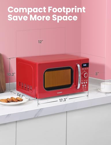 COMFEE' Retro Small Microwave Oven With Compact Size, 9 Preset Menus, Position-Memory Turntable, Mute Function, Countertop Microwave Perfect For Small Spaces, 0.7 Cu Ft/700W, Red, AM720C2RA-R