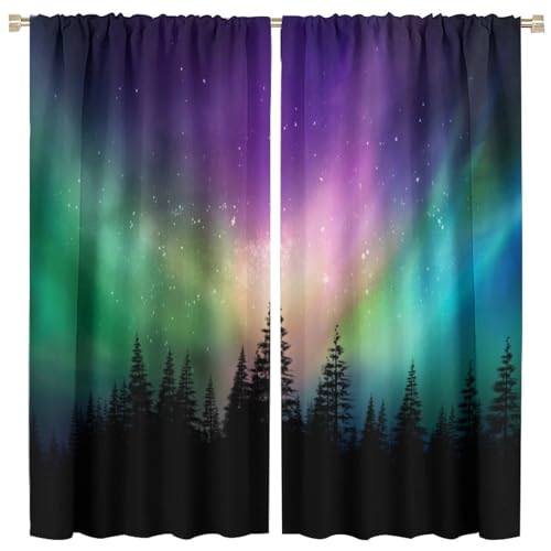 Girls Aurora Curtains, Nature Forest Purple Starry Sky Northern Lights Landscape Pattern Decor Windows Treatments, Thermal Insulated Drapes for Boys Kids Living Room Bedroom Kitchen 42x45in