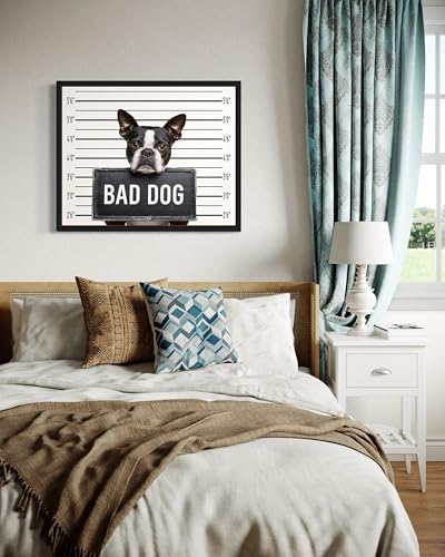 Image of aj decor Boston Terrier Mugshot Wall Art Print Poster, Dog Pet Lover Picture Painting Artwork Bedroom Living Room Office Dining Room 150D (Boston Terrier Mugshot, 16 x 20 inches, Black Frame)