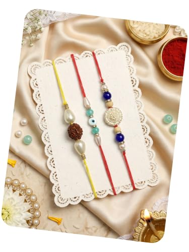 Image of Karatcart Rakhi for Brother Gold-Plated Kundan Rakhi Set of 3 with Roli Chawal