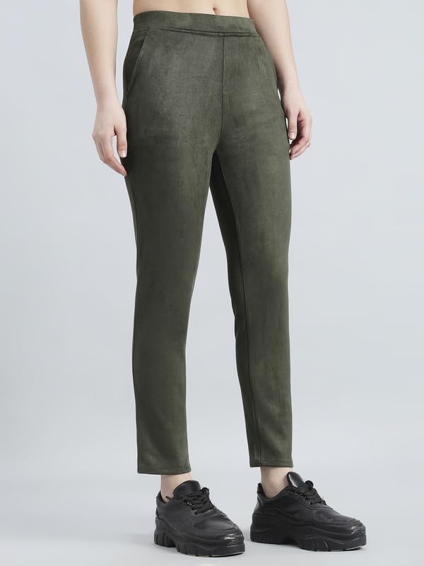 Image of GO COLORS Women Solid Mid Rise Suede Treggings