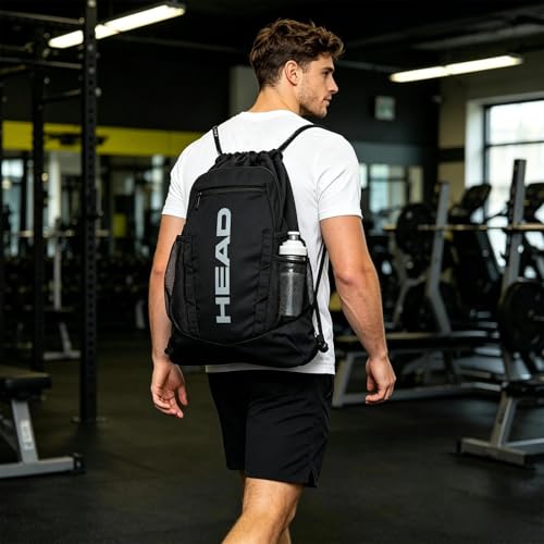 HEAD Men's Drawstring Backpack with Shoe & Phone Pocket,Structured Sports Gym Sack with Bottle Holders for Basketball, Workout, Tennis, Swimming, Travel,Training