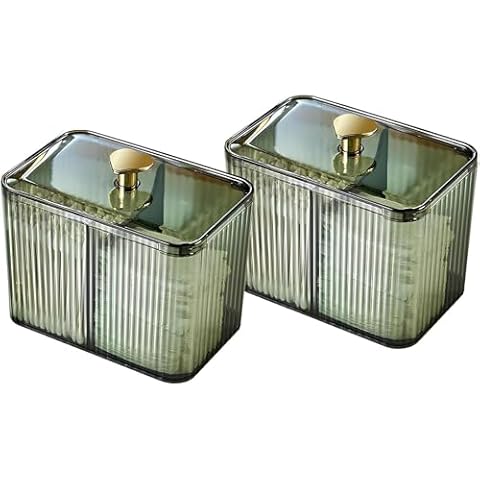 2 Pack 3-Section Clear Qtip Holder with Dustproof Lid, Bathroom Cotton Ball and Qtip Organizer, Cotton Swab Container for Vanity Canisters Jars for Countertop Storage and Organization (Clear-Green) Cover