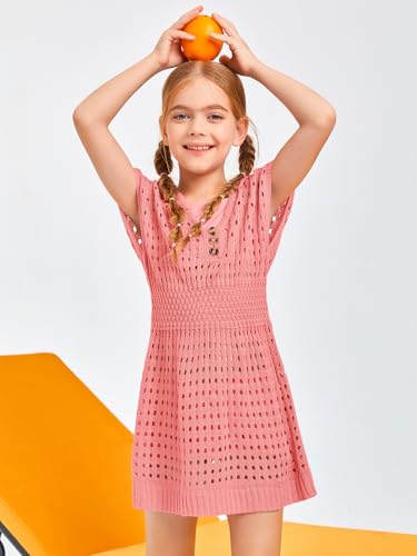 Image of Haloumoning Girls Crochet Swim Beach Cover Up Kids Fashion Button Short Sleeve Swimsuits Cover Ups 5-14 Years