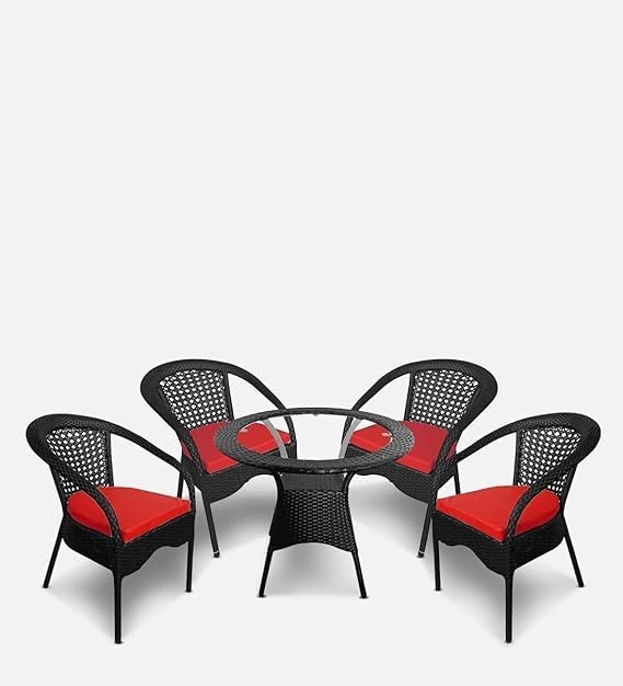 Image of India 4+1 Outdoor Indoor Patio Furniture Set - Rattan Chair Conversation Set for Poolside, Lawn, Balcony, Rooftop, Garden - With Cushions (Black & Red)