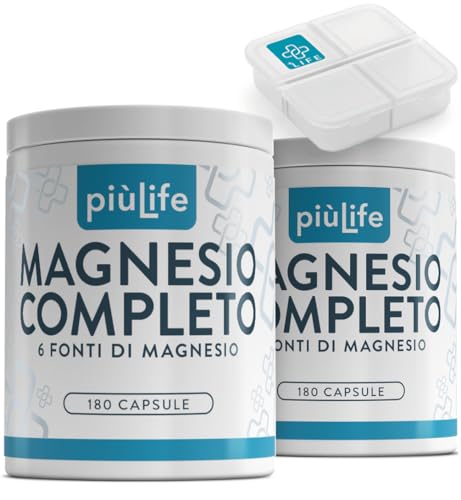 Magnesio Completo PiùLife – 400mg per dose da 6 Fonti – con Magnesio Pidolato, Bisglicinato, Citrato e sali organici – Supporto a muscoli, sistema nervoso, ossa e rilassamento – 360 capsule