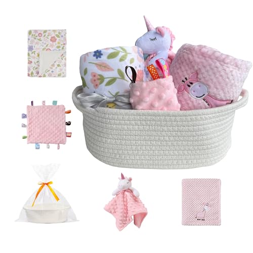Image of CREVENT Baby Welcome Gift Set Storage Basket with 2 Blankets+ 1 Security Blanket + 1 Taggie + 1 Gift Bag with Ribbon (Pink)