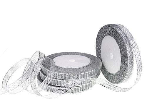 Atribbons 100 Yards 3/8 Inch Wide Glitter Ribbons,Gold/Silver Metallic Color Ribbons For Gifts Wrapping Home Decoration Wedding Party Birthday Wrap Card Diy Crafts,25 Yards/Roll X 4 Rolls (Silver) #TOP5