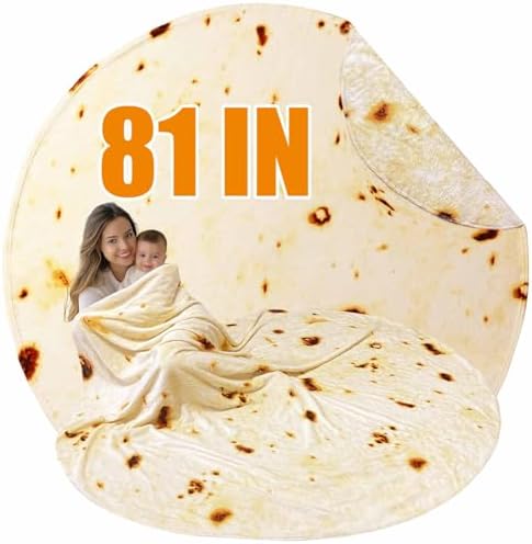 Tortilla Burrito Blanket Funny Gifts for Adult Teens Family 300GSM Ultra Soft Flannel Novelty Giant Realistic Mexican Taco Food Round Throw White Elephant Gag Gift 81 in