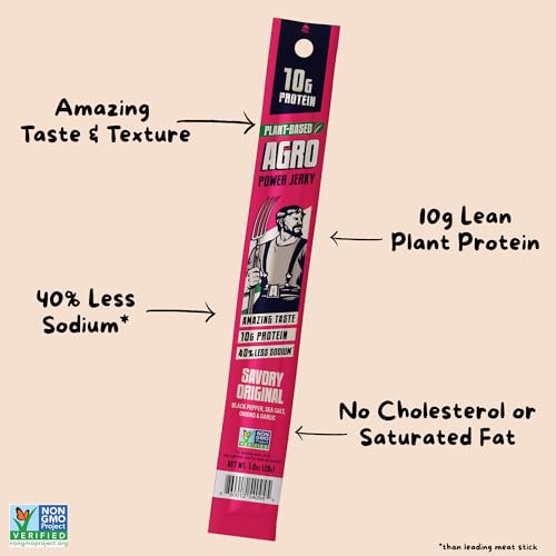AGRO POWER Vegan Jerky Sticks, 10g Protein per Stick, Savory Original Plant-Based, 7 Stick Bag, Non-GMO, 40% Less Sodium, Zero Cholesterol, Meat Alternative, High Protein Snack for Lunch, On-the Go Fuel
