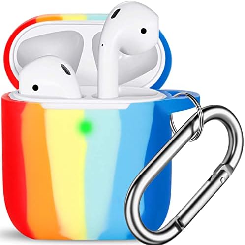 R-fun AirPods Case Cover, Soft Silicone Protective Cover with Keychain for Women Men Compatible with Apple AirPods 2nd 1st Generation Charging Case, Front LED Visible-Rainbow