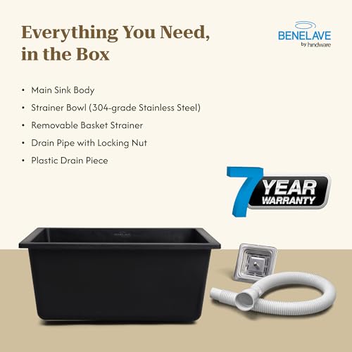 Image of Benelave by Hindware BLACP91005 Quartz Sink 21x18 for Kitchen | Single Bowl | Black Color | Better Sound Absorption for Quieter Use | 7-year Manufacturer Warranty