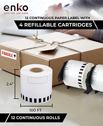 Enko - Compatible Dk-2205 Continuous Paper Labels (2.4 Inch X 100 Feet) Use With Brother Ql Label Printers Ql-800, Ql-820Nwb Ql 810W - [12 Rolls + 4 Refillable Cartridge Frames] #TOP1