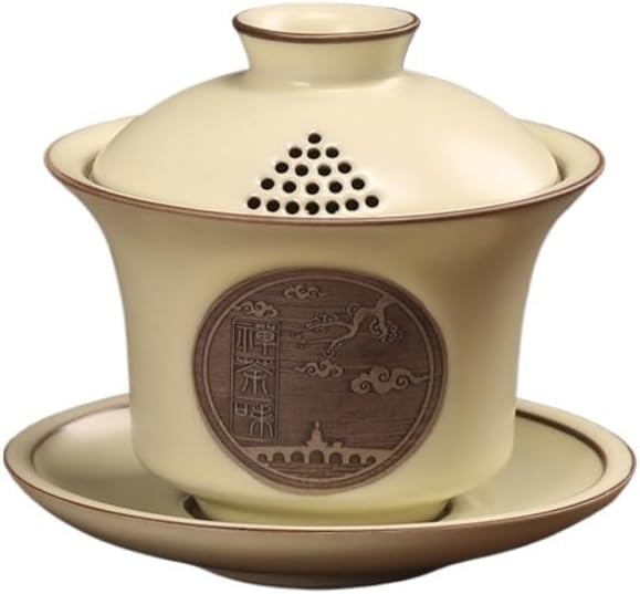 White Porcelain Gaiwan Filtered Tea Bowl Anti Scalding Design Single Ceramic Cup Kung Fu Set(Beige)