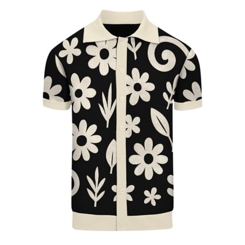 Men's Knit Polo Shirt, 1960s Retro Florals Leaves Cardigan Polo Button Down Short Sleeve Shirt, Black