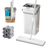 Meetue Mop and Bucket Set, Flat Mop and Bucket System with Wringer, Automatic Separates Dirty and Clean Water Include 6 Reusable Microfiber Mops for Floor Cleaning