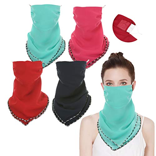 4 Pack Women Chiffon Scarf Face Cover Neck Gaiter Filter Pocket Breathable Reusable Mask Balaclava with Ear Loop and Snap
