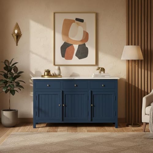 Image of Solid Wood Madrid Sideboard Cabinet with Sintered Stone Top for Living Room | Premium Acrylic Midnight Blue | 130x40x80 cm